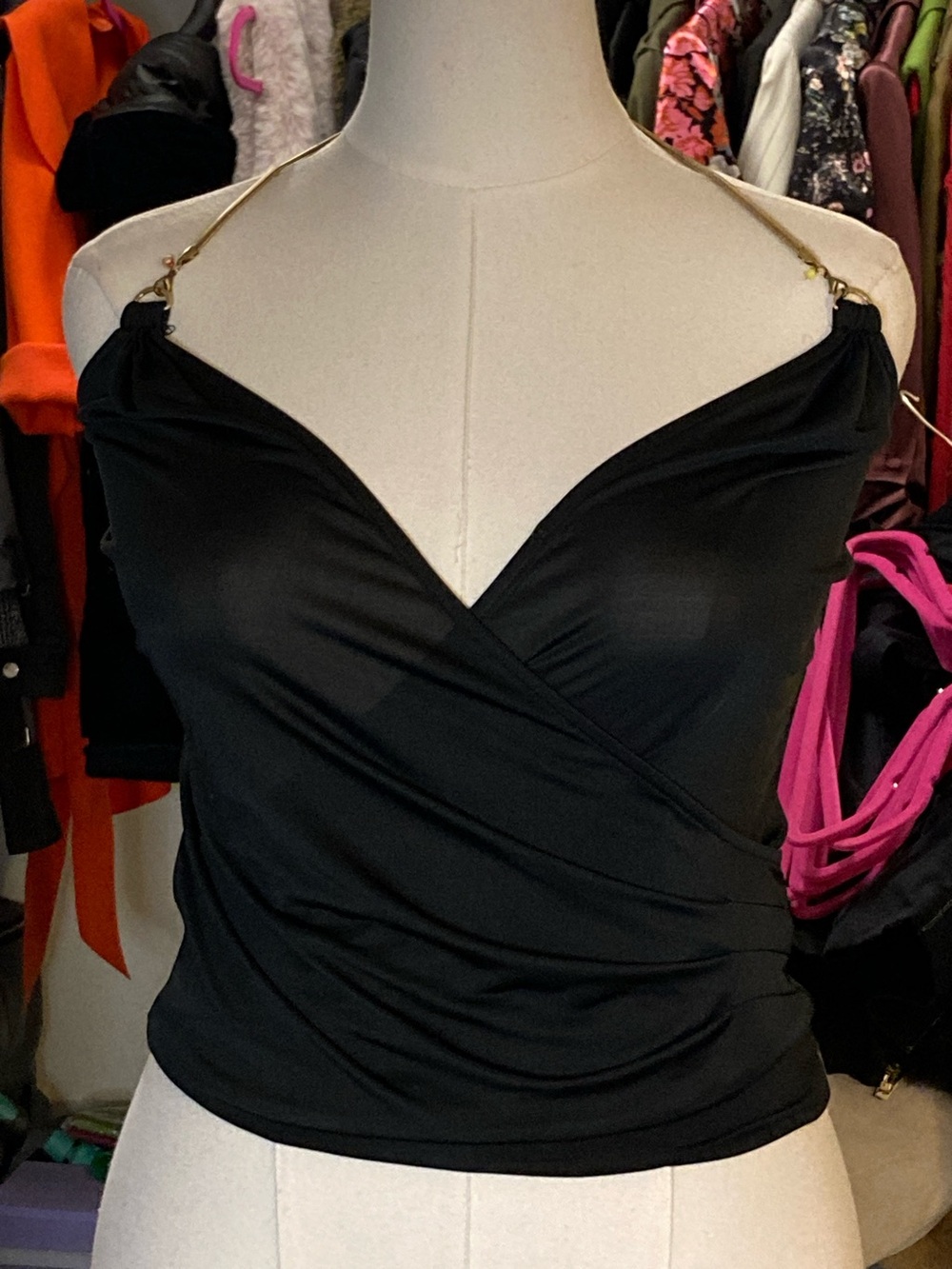bebe Black Halter Wrap Camisole with Gold Chain Straps